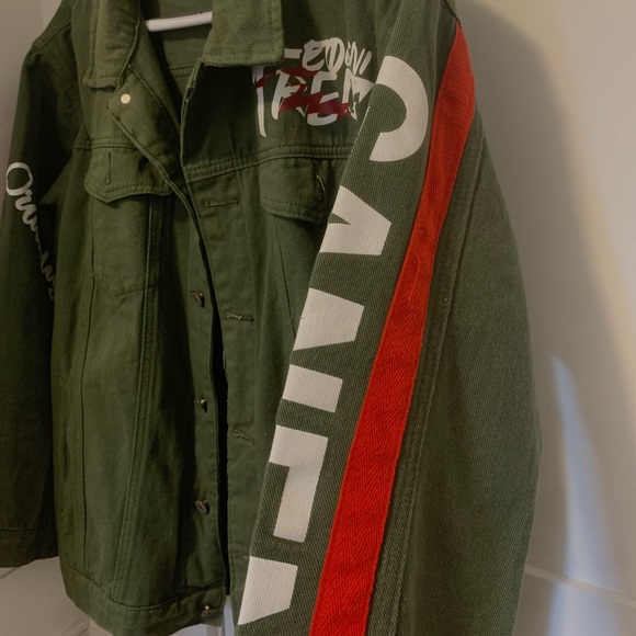 Size small olive green design print Denim Jacket for sale - Picture 3 of 5
